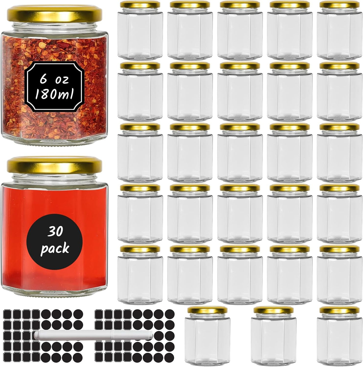6 oz Hexagon Glass Jars with Gold Lids, 30 Pcs Canning Jars for Jam, Honey, Jelly, Candy, Candle