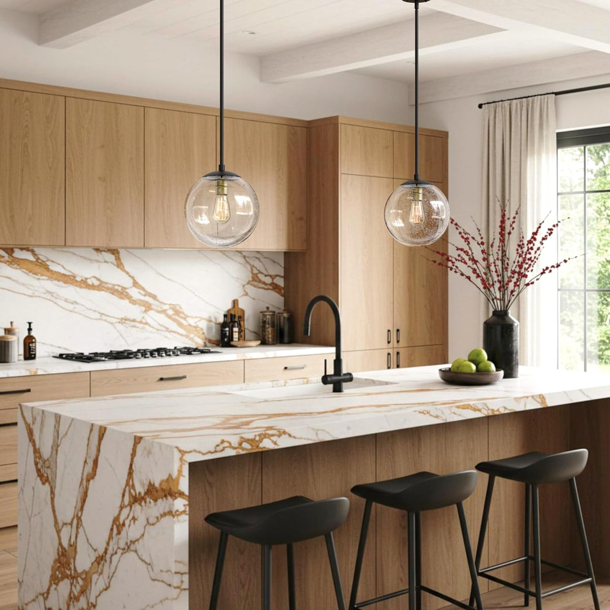 Globe Pendant Lighting, Black and Gold Pendant Light for Kitchen Island, 9.5 inch Seeded Globe