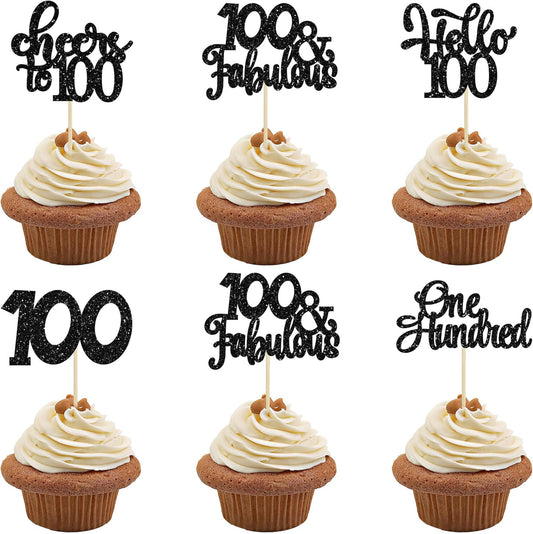 30pcs Happy 100th Birthday Cupcake Toppers - Black Glitter One Hundred Cheers to 100 Years Old