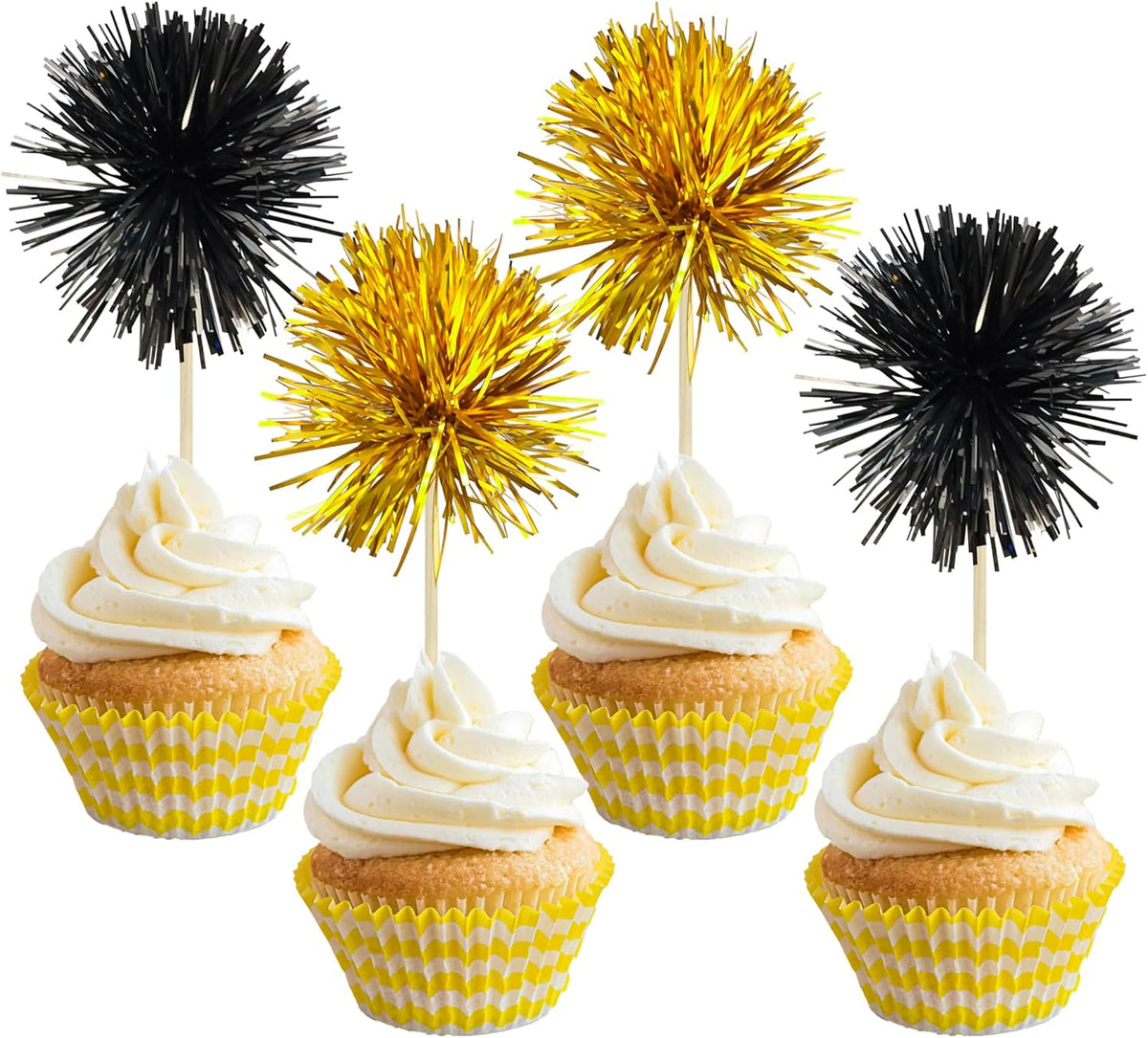 Gyufise 30Pcs Foil Firework Cupcake Toppers Sparkle Tinsel Cake Toppers Tinsel Drink Cake