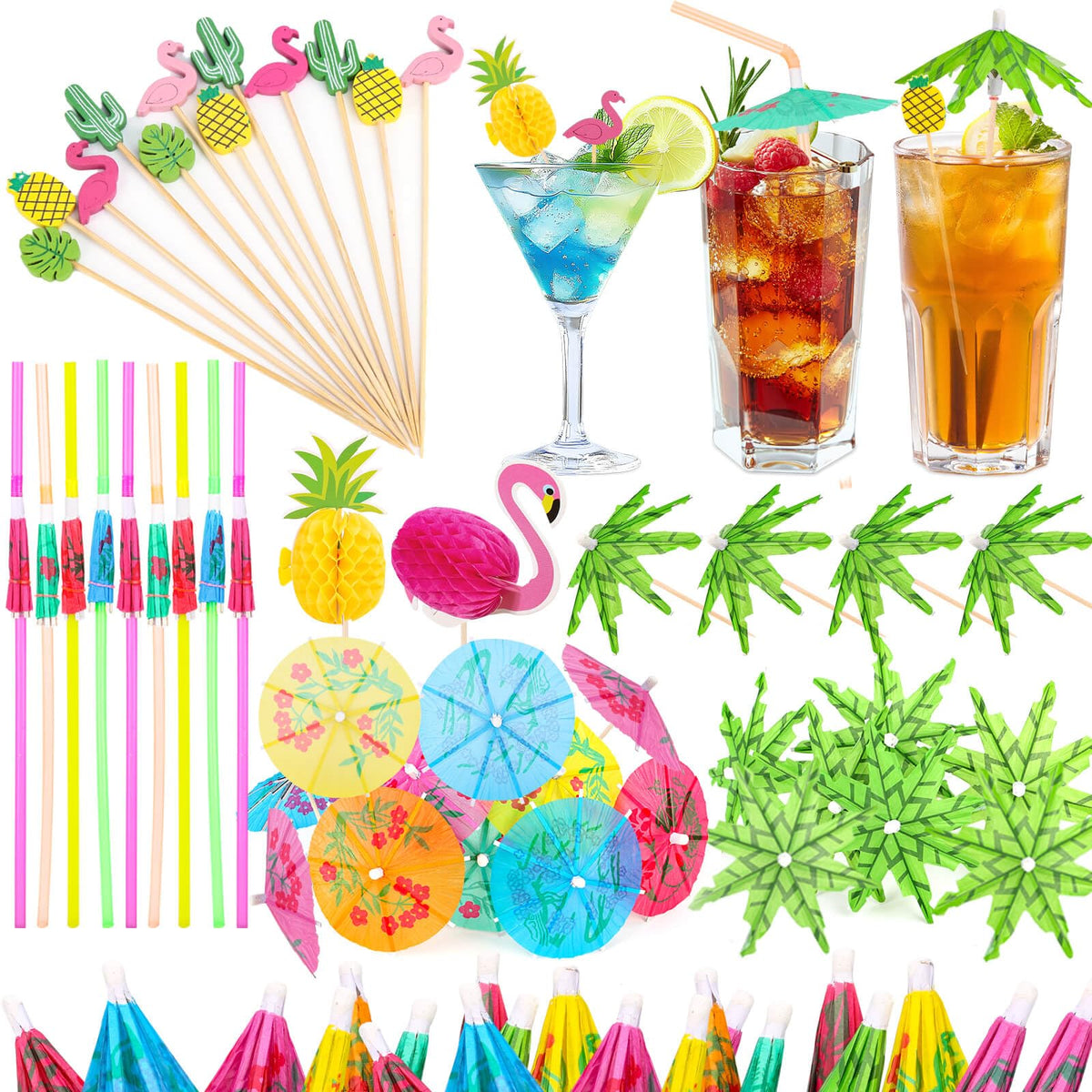 Paxcoo Drink Umbrellas, 180PCS Cocktail Drink Accessories Includes Umbrella Straws, Umbrella