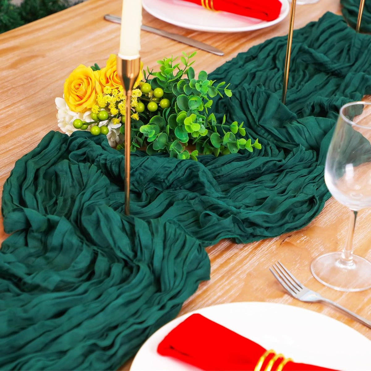 Snowkingdom 6 PCS Emerald Green Table Runner 120 Inch 10 Ft Rustic Boho Dark Green Cheese Cloth