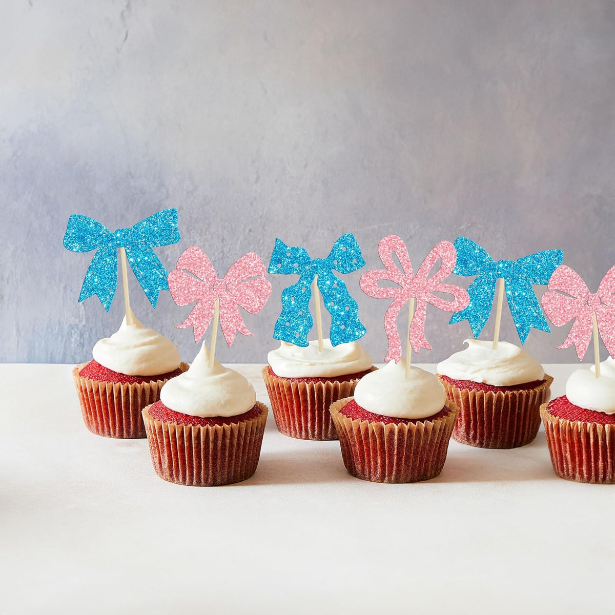 Ephlyn 24Pcs Pink Bow Cupcake Toppers Bow Birthday Cake Topper Girls Birthday Party Decorations