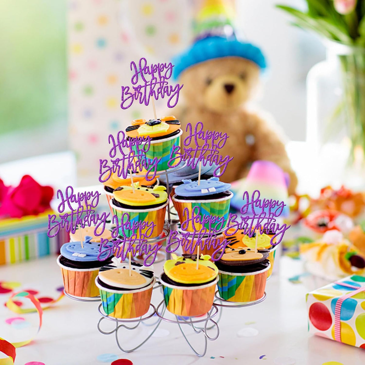 24 PCS Glitter Happy Birthday Cupcake Toppers - Purple Cupcake Picks for Celebrating Anniversary
