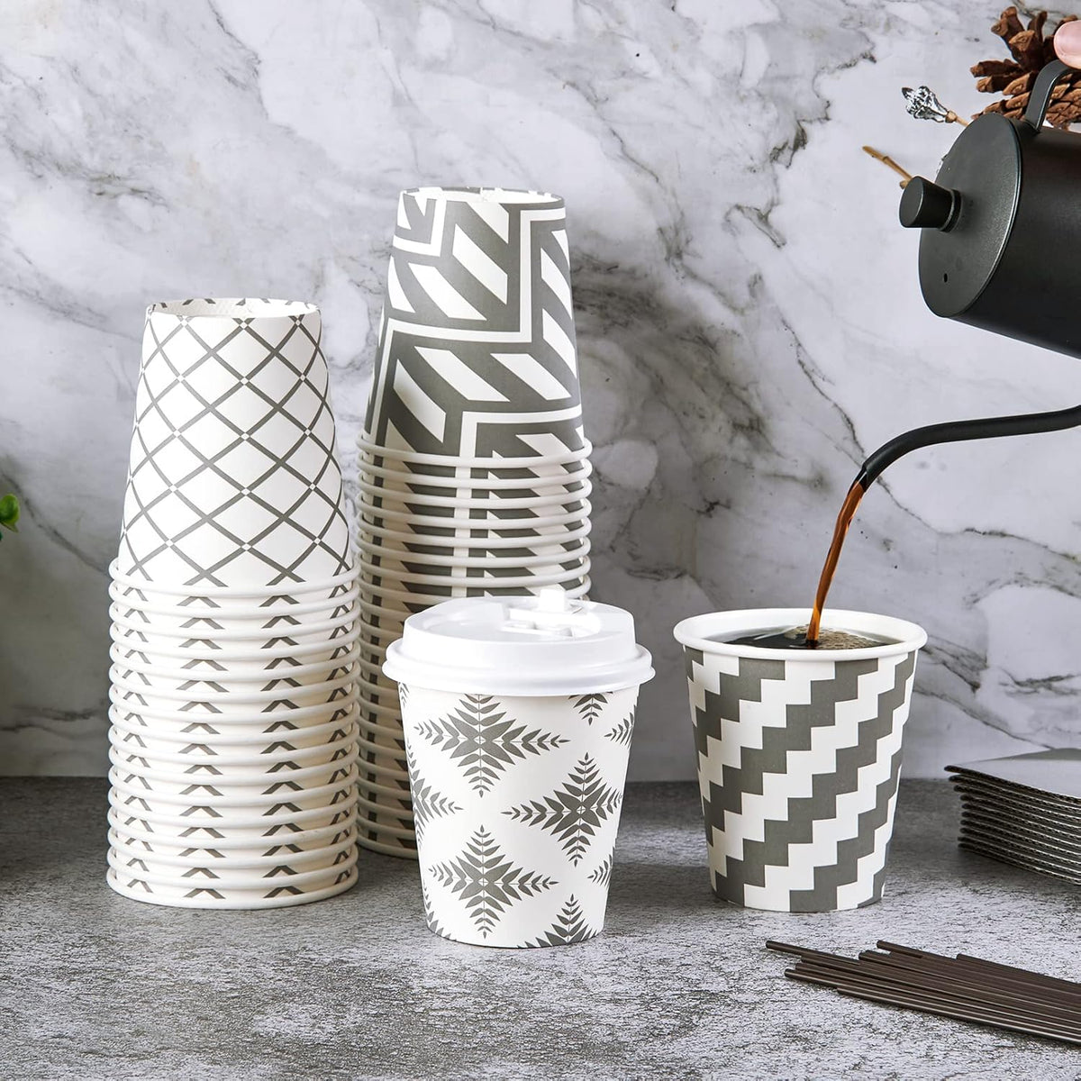 LITOPAK 100 Pack 10 oz Paper Coffee Cups with Lid, Sleeve, and Straws, Four Designs of Disposable