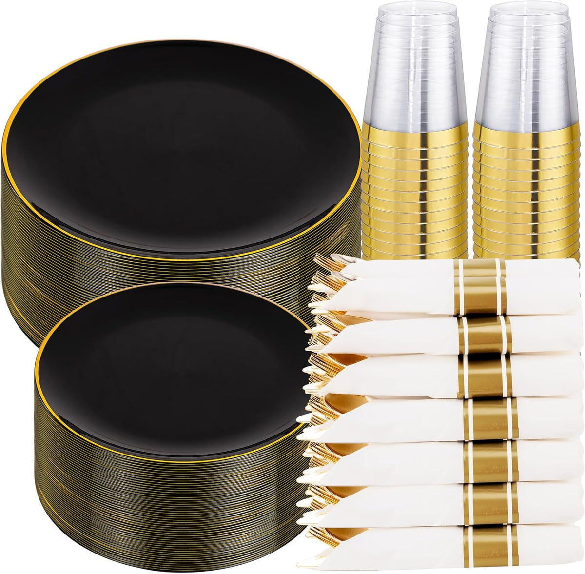 KIRE 350 PCS Plastic Dinnerware Set for 50 Guests - Black and Gold Plates 50 for Dinner 50 for