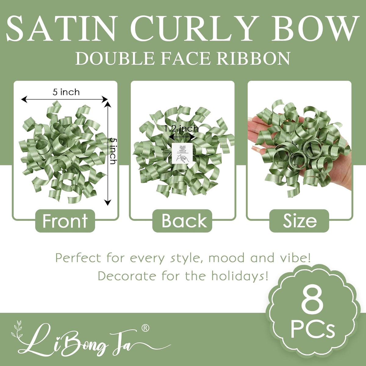 5'' Sage Green Bows Curly Ribbon Bows for Gift Wrapping, Satin Bows with Double-Sided Tape, Self