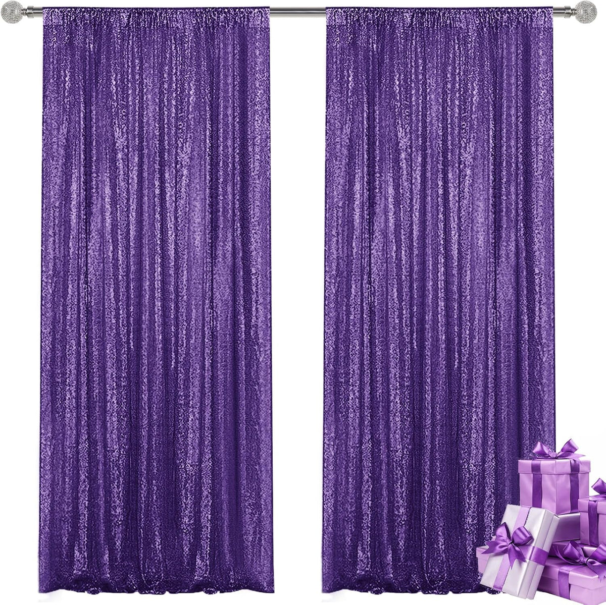 Purple Sequin Backdrop Curtain 2 Pieces 2FTx8FT Glitter Photography Backdrop for Party Wedding