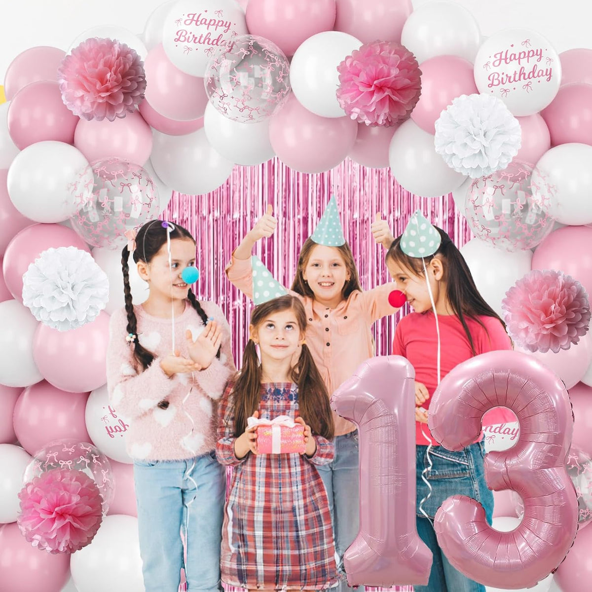 13th Birthday Decorations for Girls Pink Number 13 Balloon Bow Coquette Happy Birthday Banner