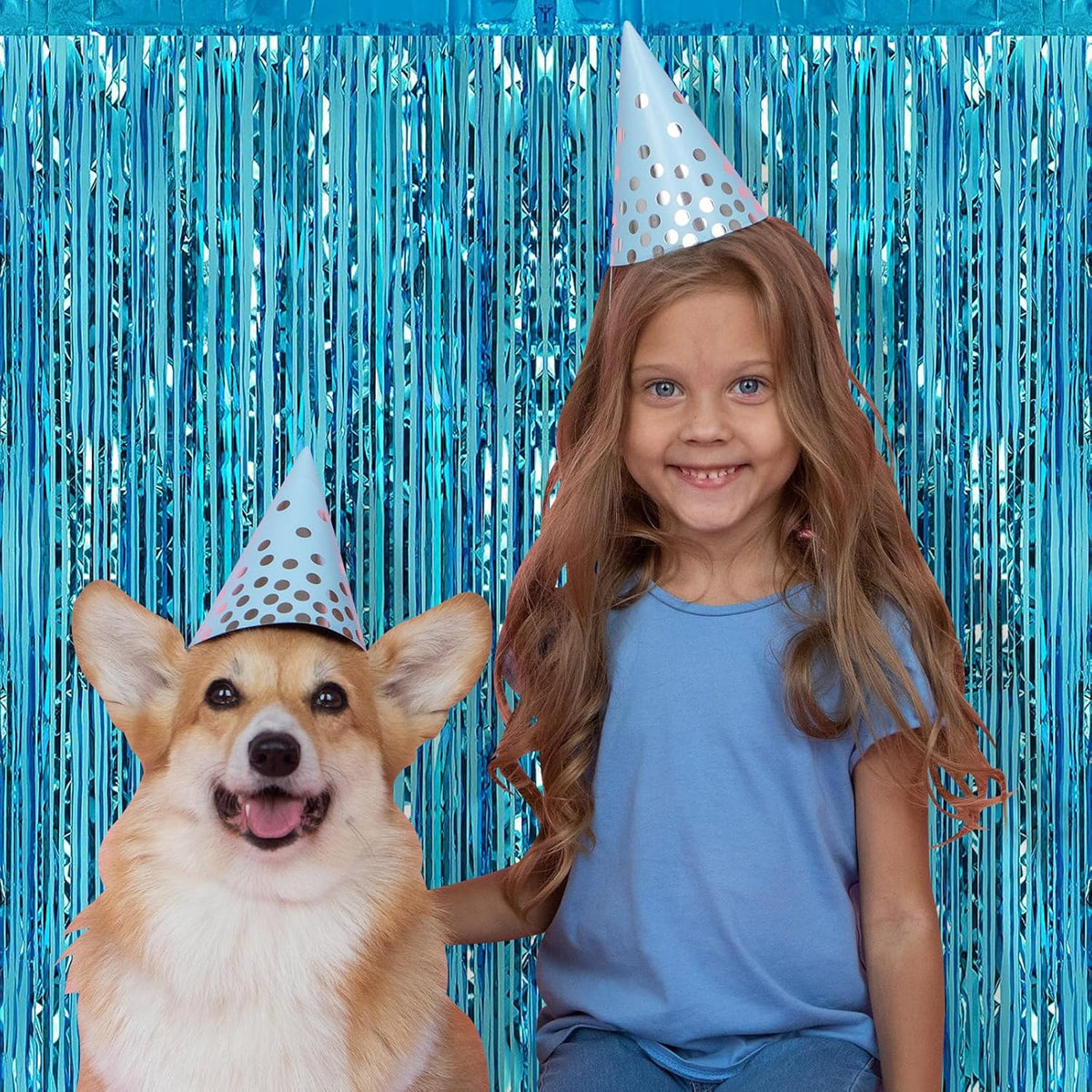 5 Pack Blue Fringe Backdrop 3.2ft x 8.2ft Teal Blue Foil Fringe Curtains Party Tinsel Curtain
