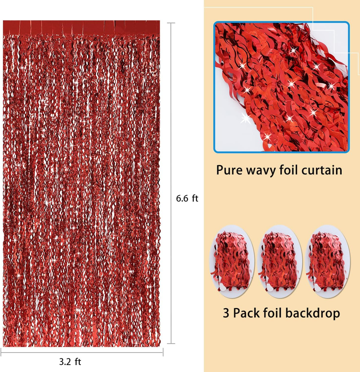3 Pack Red Aluminium Foil Curtains, 3.3ft x 6.6ft, Wavy Shape, for Party Decorations & Photo