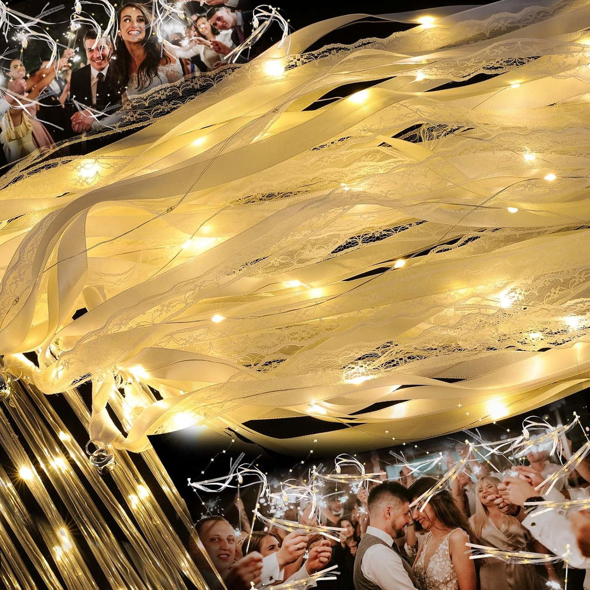 100 Pcs Wedding Wands Ribbon with 3 Colorful Flashing Modes, Light up LED Silk Fairy Wands, Glow