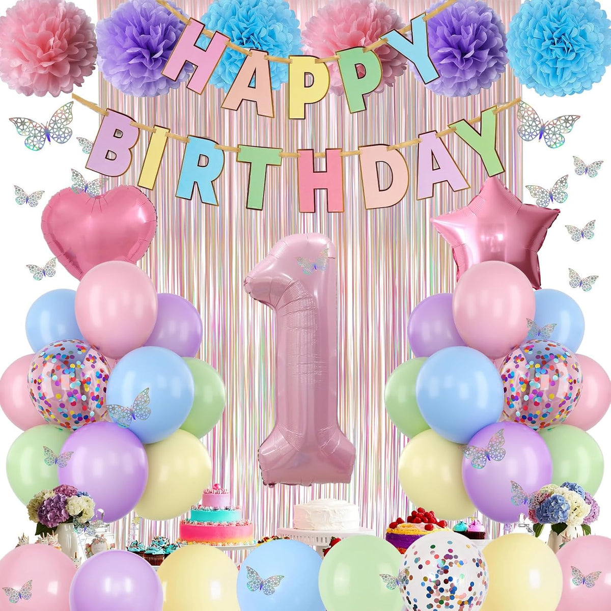 Pastel 1st Birthday Party Decorations for Girls Number 1 Balloon Happy Birthday Banner Butterfly