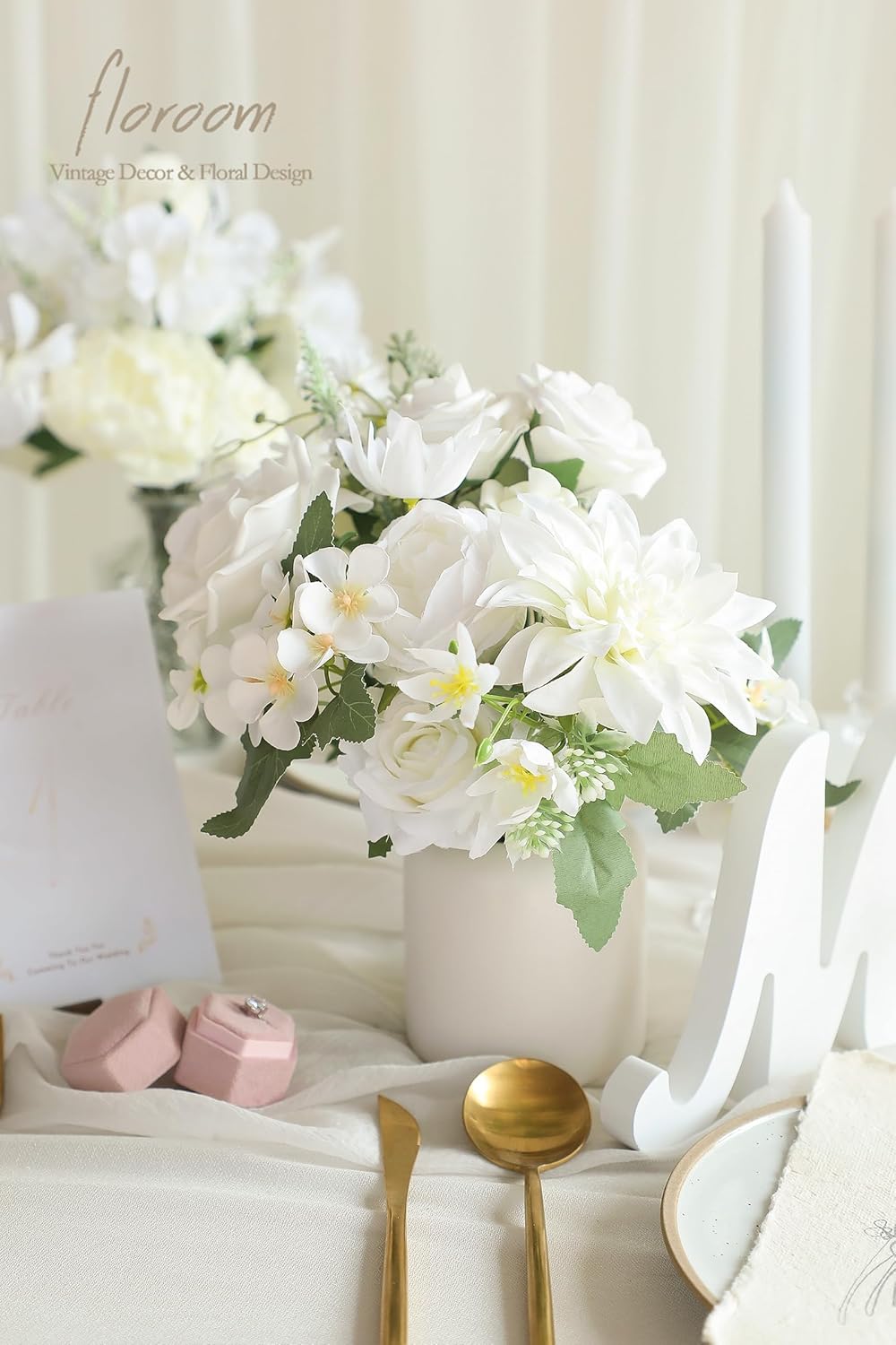 Floroom Ivory White Artificial Flowers Fake Roses Peonies Dahlia and Greenery Combo Box Set for DIY