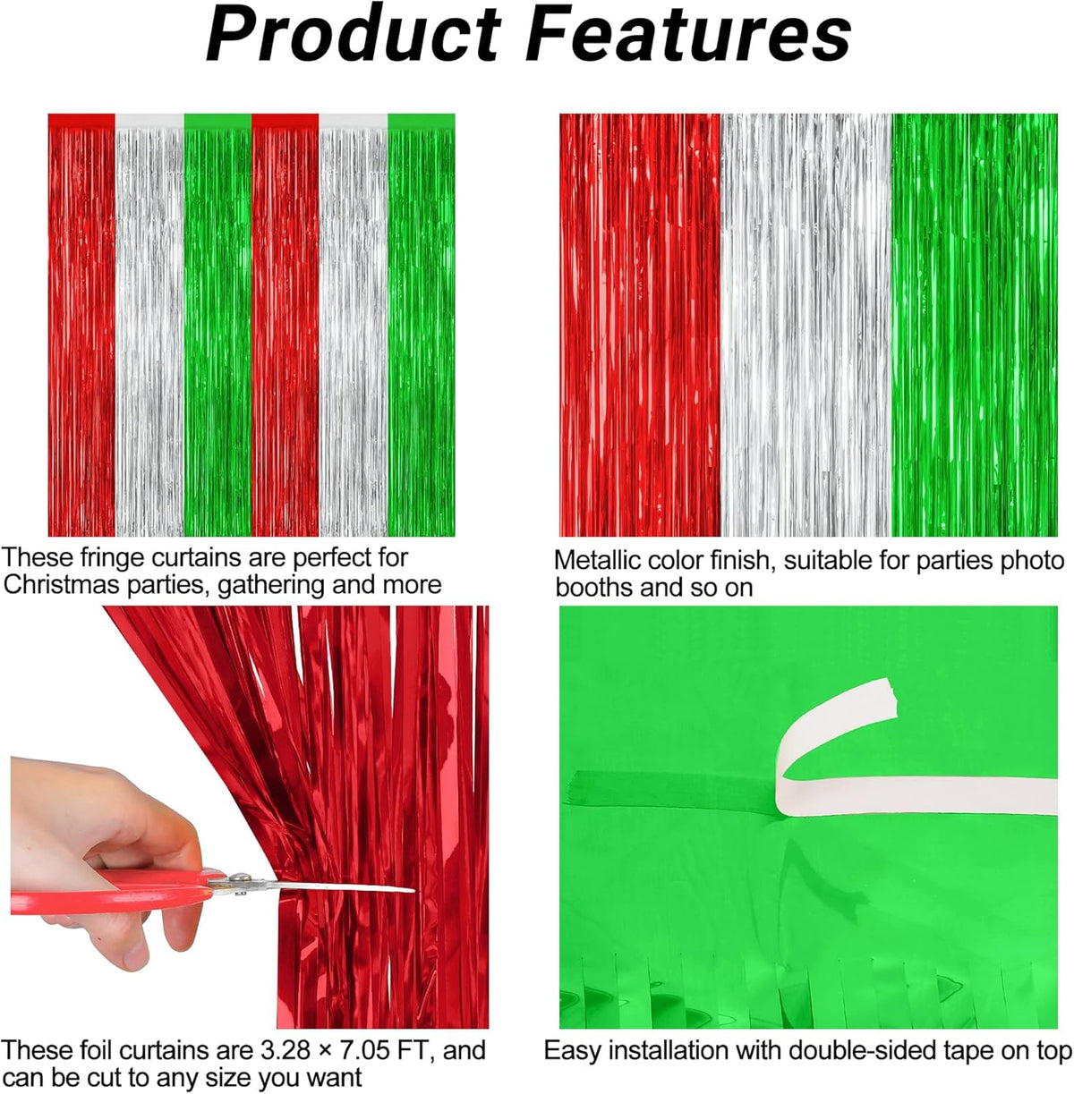 4 Pack Christmas Curtains, 3.28 FT x 7.05 FT Red Silver Green Foil Backdrop, Metallic Foil Fringe