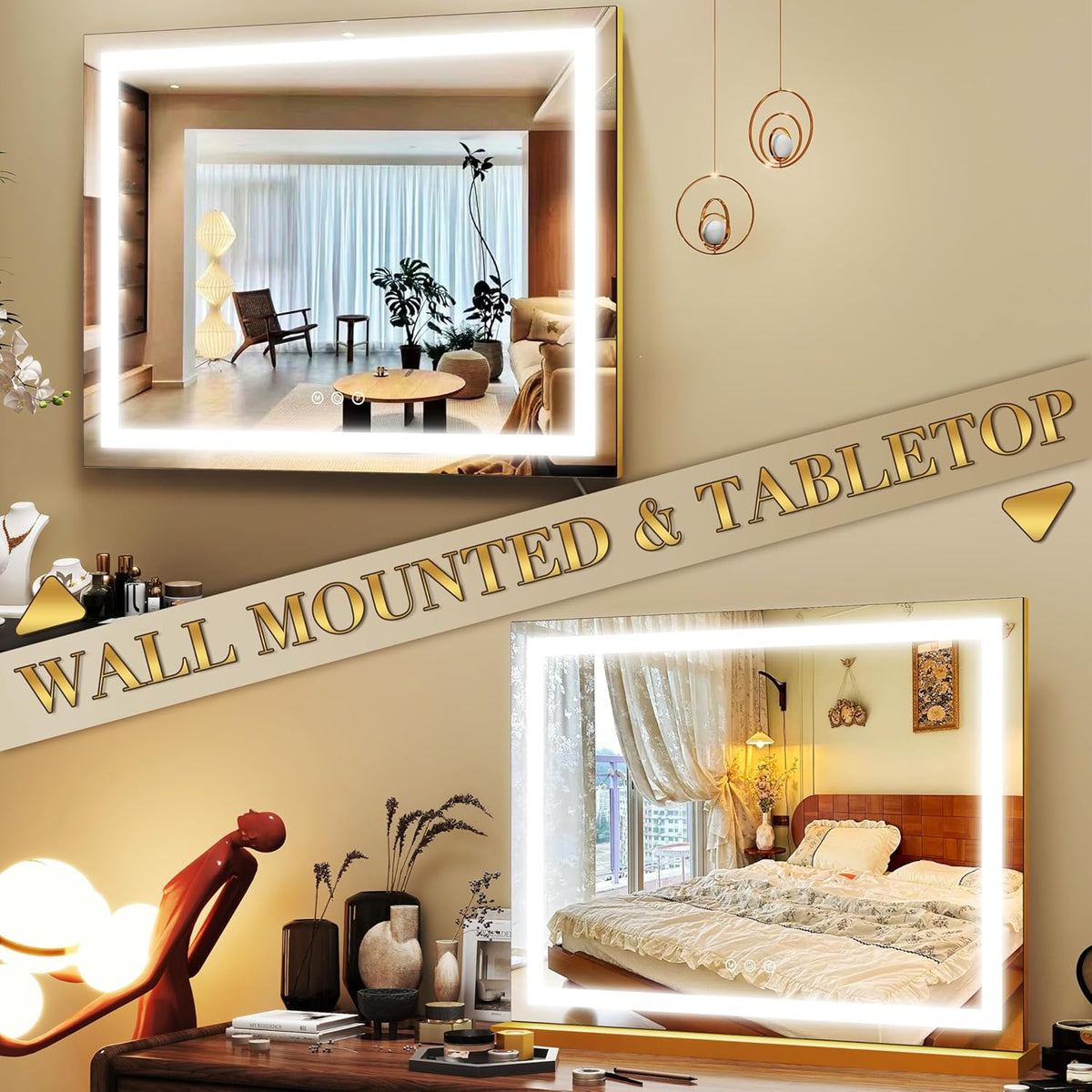 Gold Vanity Mirror with Lights 23x18 Inch, 3-Color Dimmable LED & Touch Control - Large Makeup