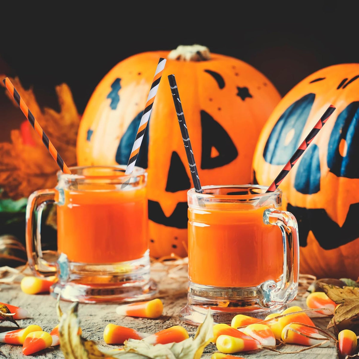 Cooraby 200 Pieces Halloween Paper Straws Biodegradable Drinking Stripe Bicolor Stripe Dot Straw