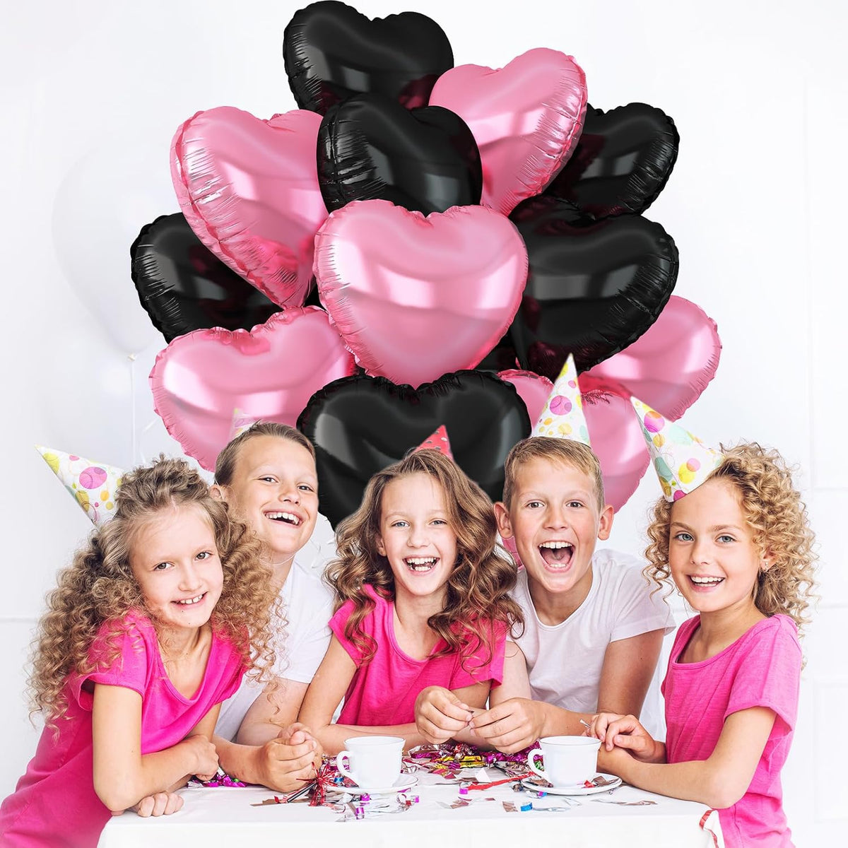 Pink Black Heart Balloons,12Pcs Light Pink Heart Shaped Foil Balloons,18Inch Black Pearl Pink