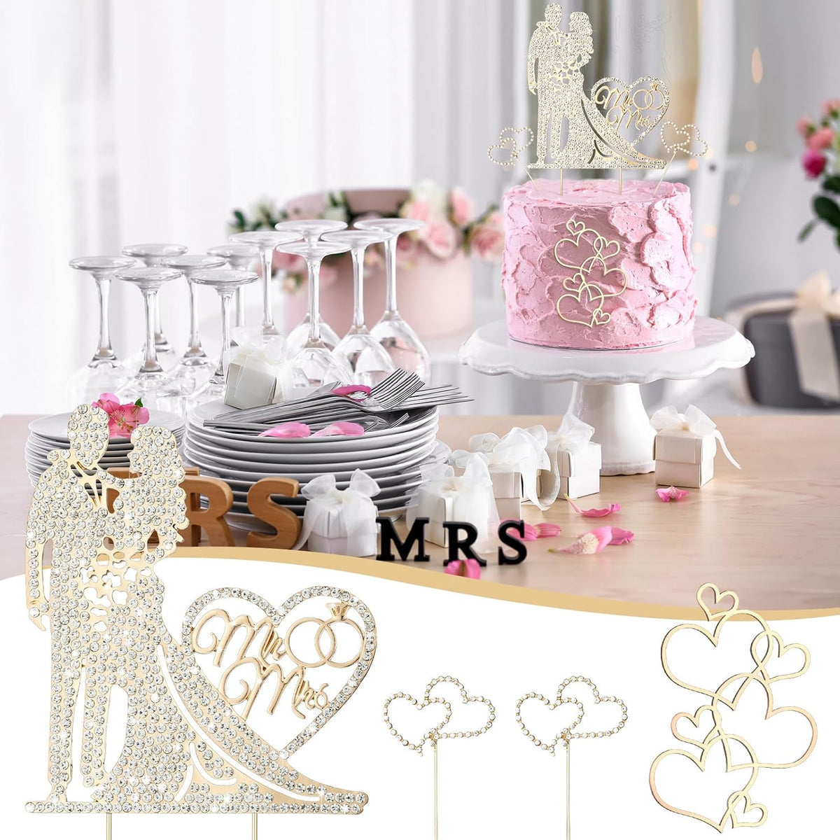 Spiareal 4 Pcs Wedding Cake Topper Mr and Mrs Rhinestone Bride and Groom Love Cake Topper Metal