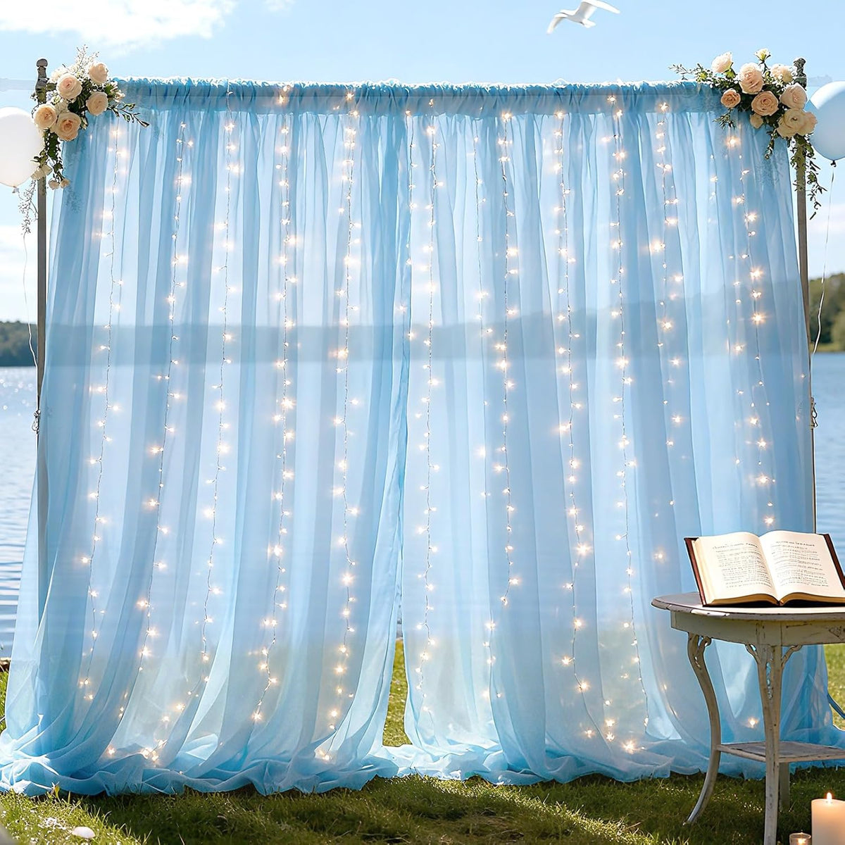 10×8ft Tulle Backdrop Curtains with Lights String - 300LED Fairy Lights Sheer Curtain Backdrop for