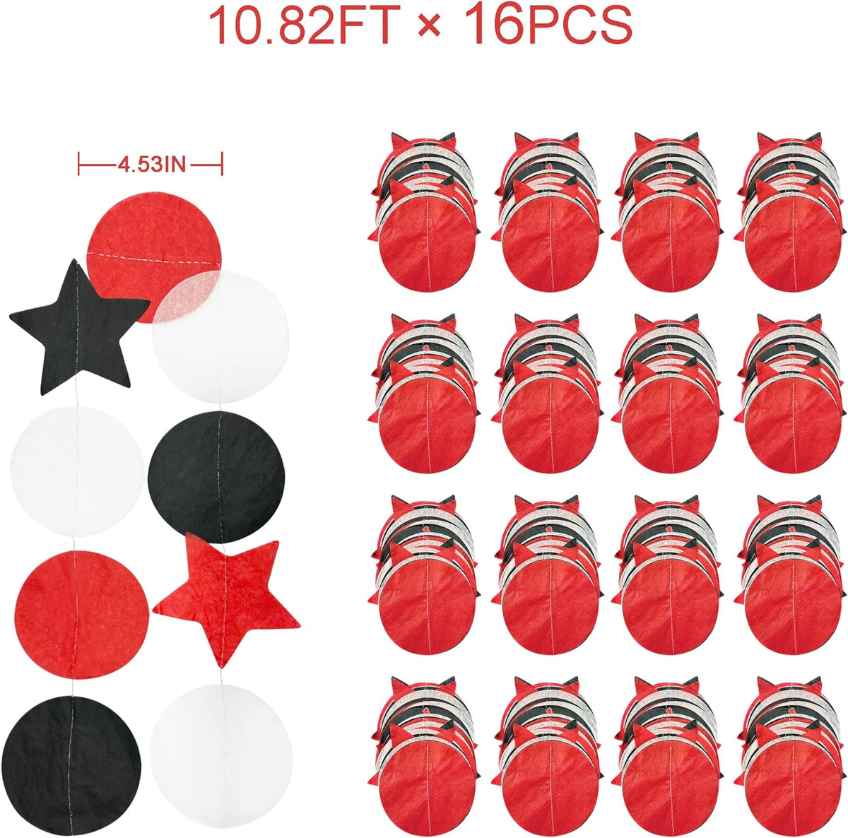 173 Ft Red Black and White Party Decorations Big Star Circle Dots Backdrop Streamer Garland for