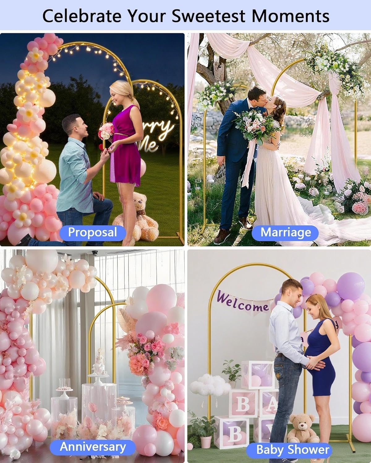 HEMMOTOP Metal Arch Backdrop Stand Set of 2 (7.2ft + 6ft), Wedding Arch Frame, Stable Background
