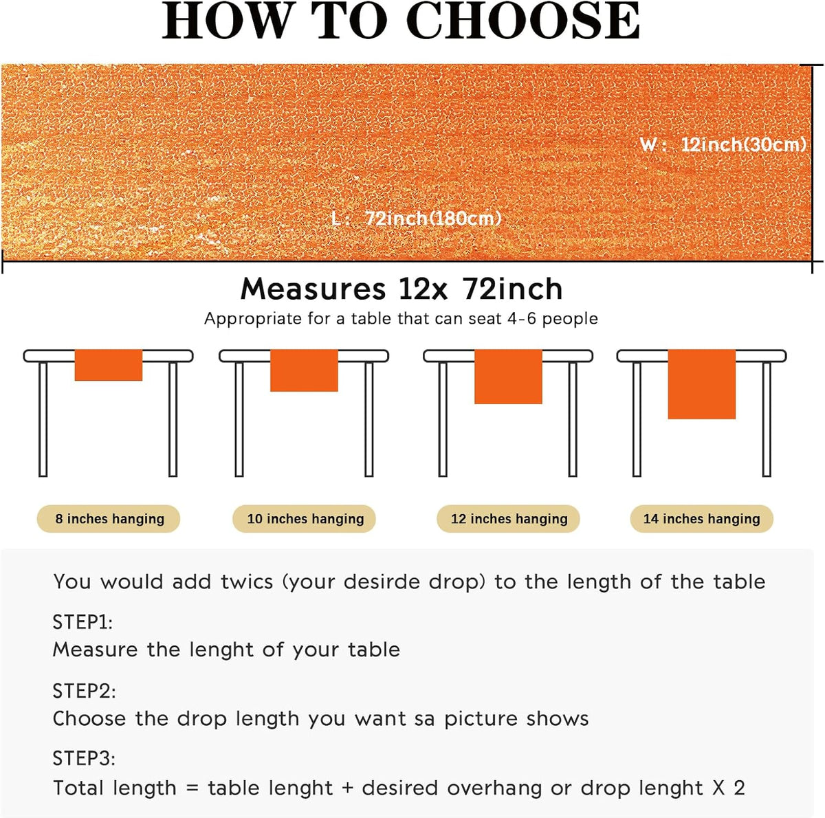 6 Packs 12 x 72 inches Sequin Table Runner, Orange Glitter Table Runner for Birthday Party Supplies