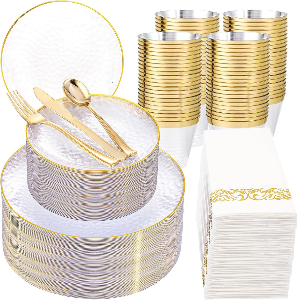 Rubtlamp 350 Pcs Clear Gold Plastic Plates, Hammered Disposable Dinnerware, Clear-Gold Plates Set