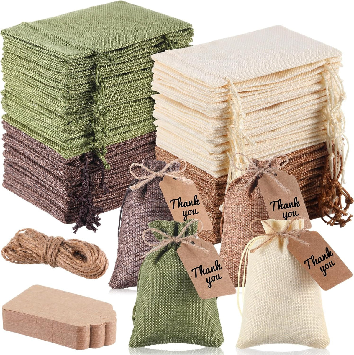 Woanger 100 Pcs Burlap Gift Bags with 100 Pcs Kraft Paper Gift Tags with Drawstring Favor Bulk