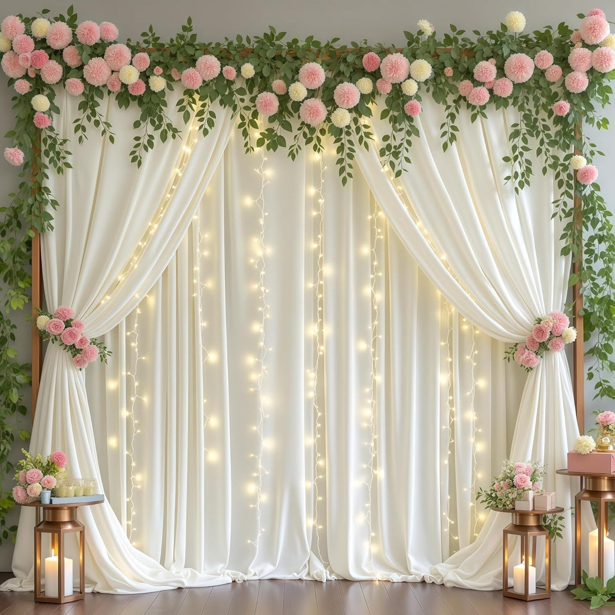 Ivory Backdrop Curtains with Lights for Baby Shower,10x10FT Wrinkle Free Ivory Drapes Photo