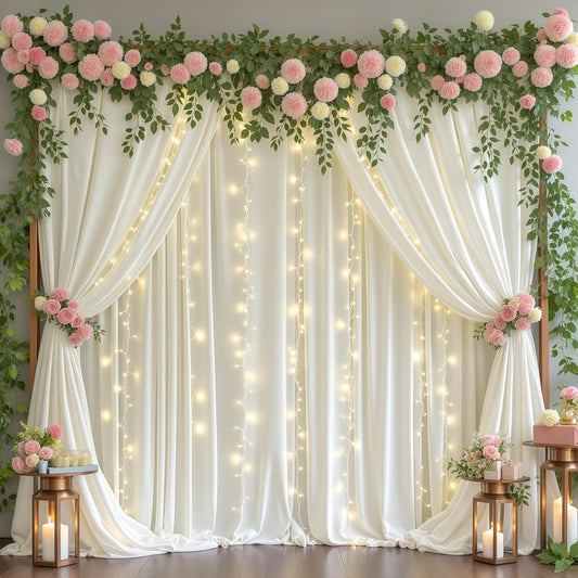 Ivory Backdrop Curtains with Lights for Baby Shower,10x10FT Wrinkle Free Ivory Drapes Photo