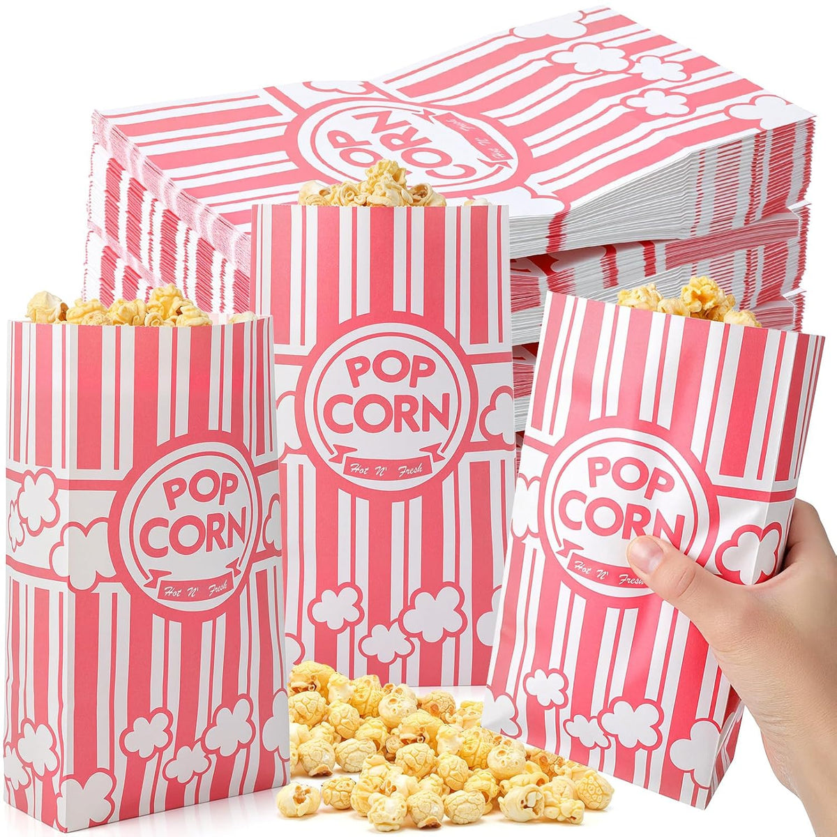 200 Pcs Paper Popcorn Bags Bulk 2 oz Large Flat Bottom Boxes Red and White Disposable Container