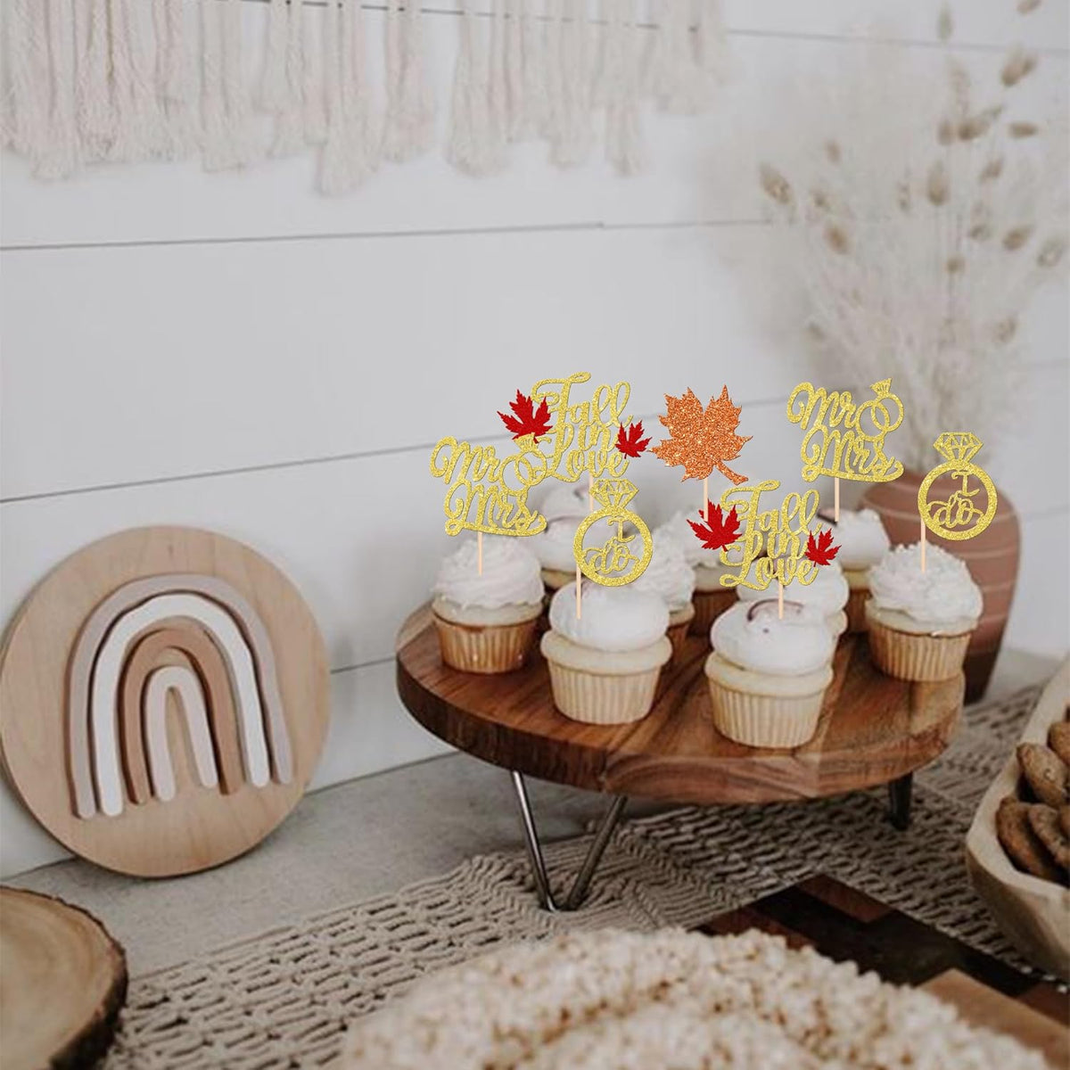 24 PCS Fall in Love Cupcake Toppers Glitter Maple Leaf Cupcake Picks Mr & Mrs Diamond I Do Cupcake