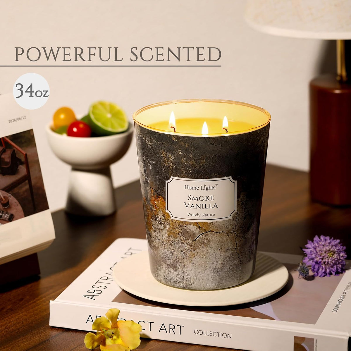 HomeLights Large jar Candle | 3-Wick Long-Lasting Scented Candles, 34oz Natural Soy Wax Candle for