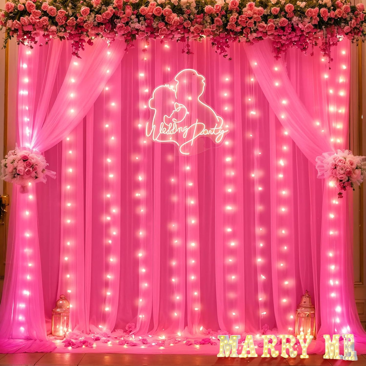Hot Pink Tulle Backdrop Curtain with Lights for Parties 10x10ft Fuchsia Sheer Backdrop Curtains for