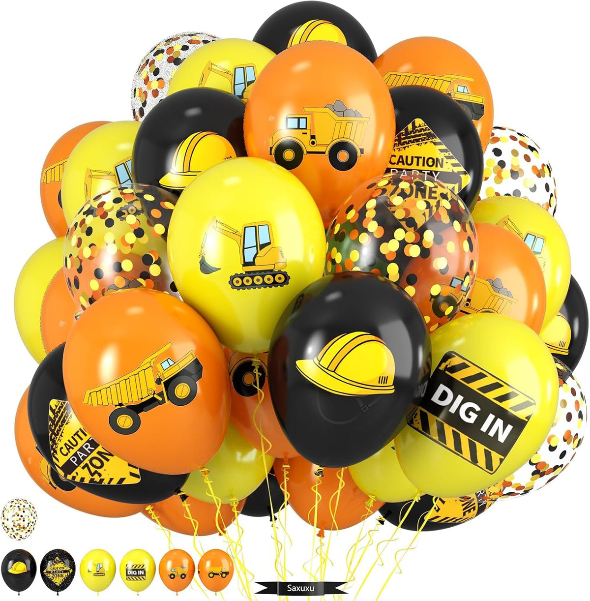 Construction Balloons, 12 Inch Black Yellow Orange Truck Printed Confetti Balloons for Boy Birthday