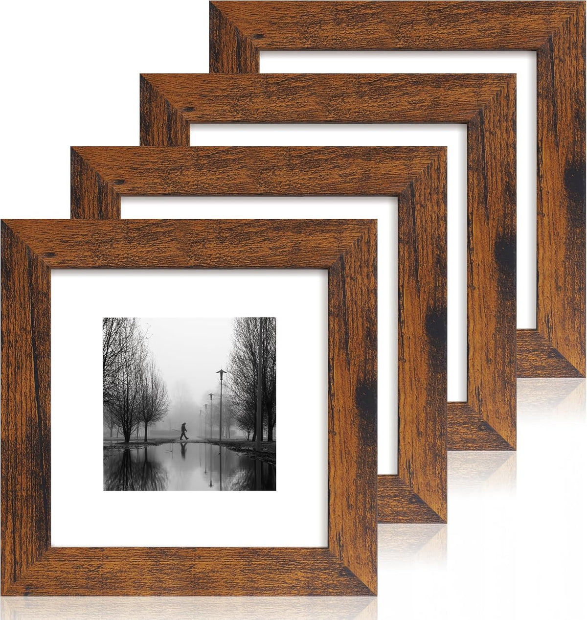 6x6 Picture Frame Set of 4 with Real Glass, Rustic Frames Display 4x4 Picture with Mat or 6 x 6