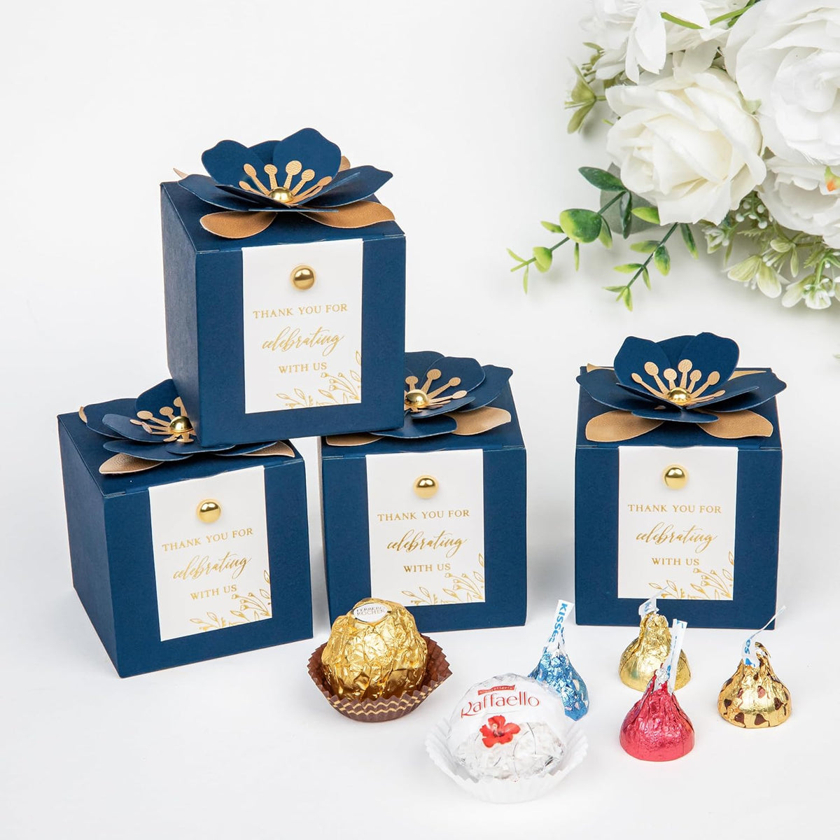 FEIYI 20 PCS Favor Boxes, 3 In 1 Navy Blue Candy Boxes with Floral Decor, White Thank You Tags Gold