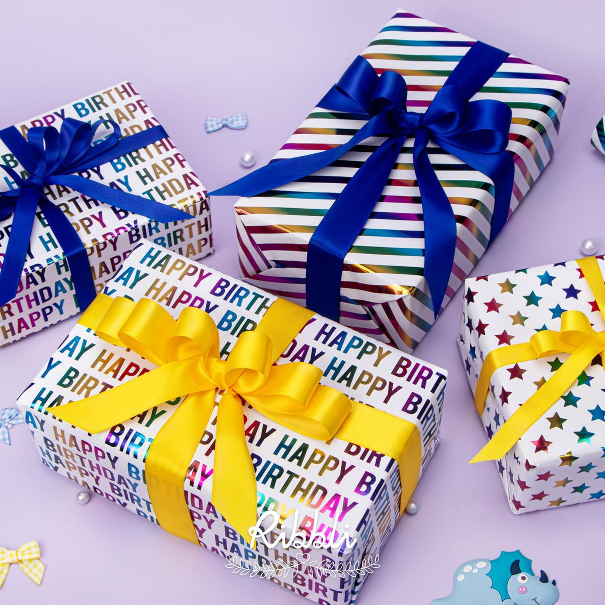 Ribbli Birthday Wrapping Paper 30 Inch Iridescent Gift Wrapping Paper 4 Rolls Happy Birthday Polka