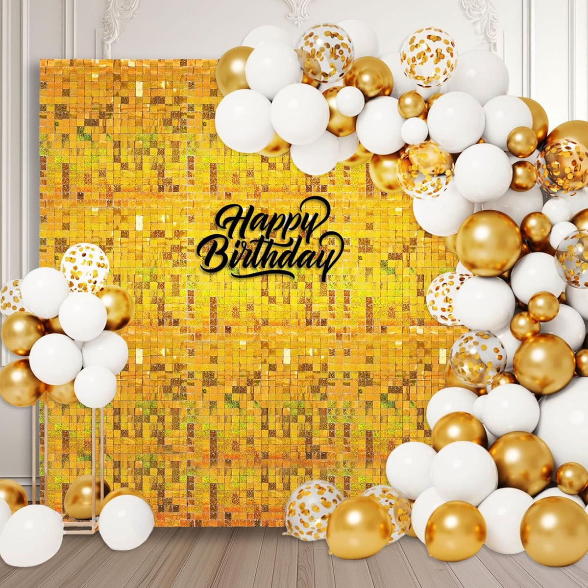24PCS Gold Shimmer Wall Backdrop, Laser Square Sequin Photo Backdrops Panel, Glitter Wall