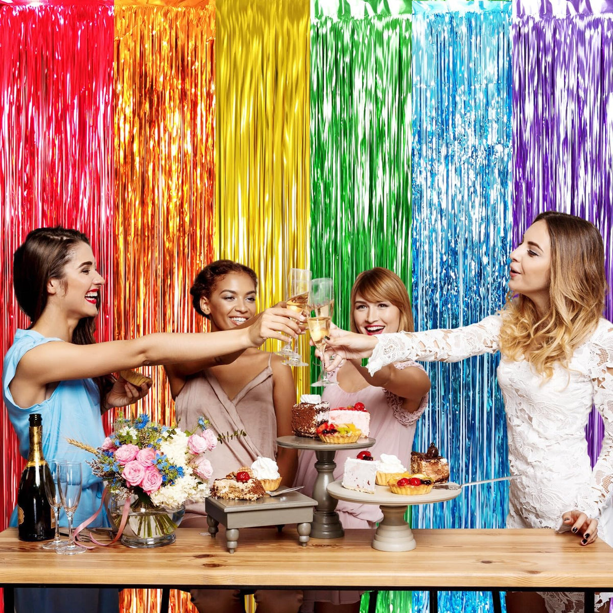 GOER 6.5 ft x 8.2 ft Metallic Tinsel Foil Fringe Curtains,Pack of 2 Party Streamer Backdrop for