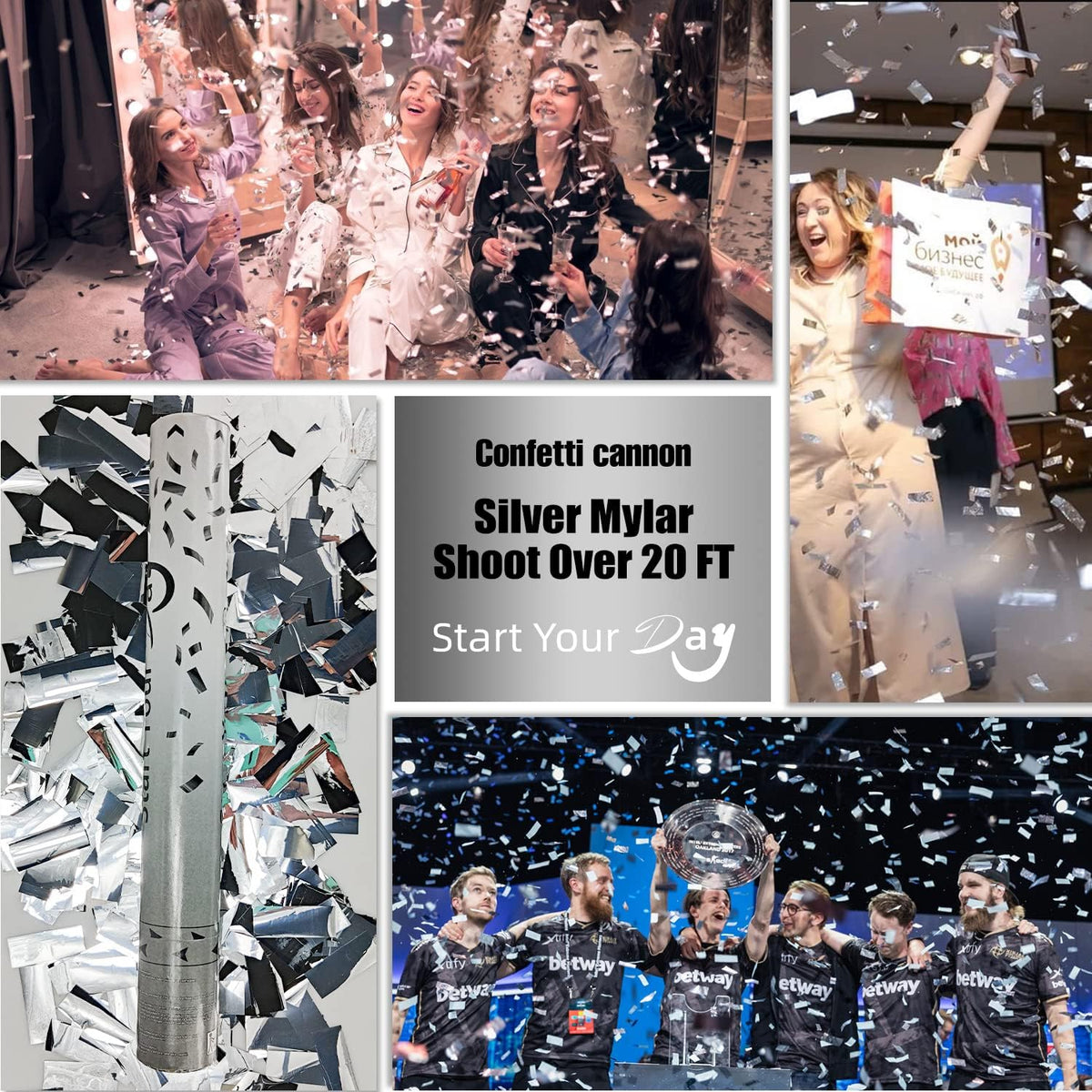 confetti Cannons, 15 Inch+Longer Confetti Shooters Party Poppers, WORKKEEP Silver Confetti Popper