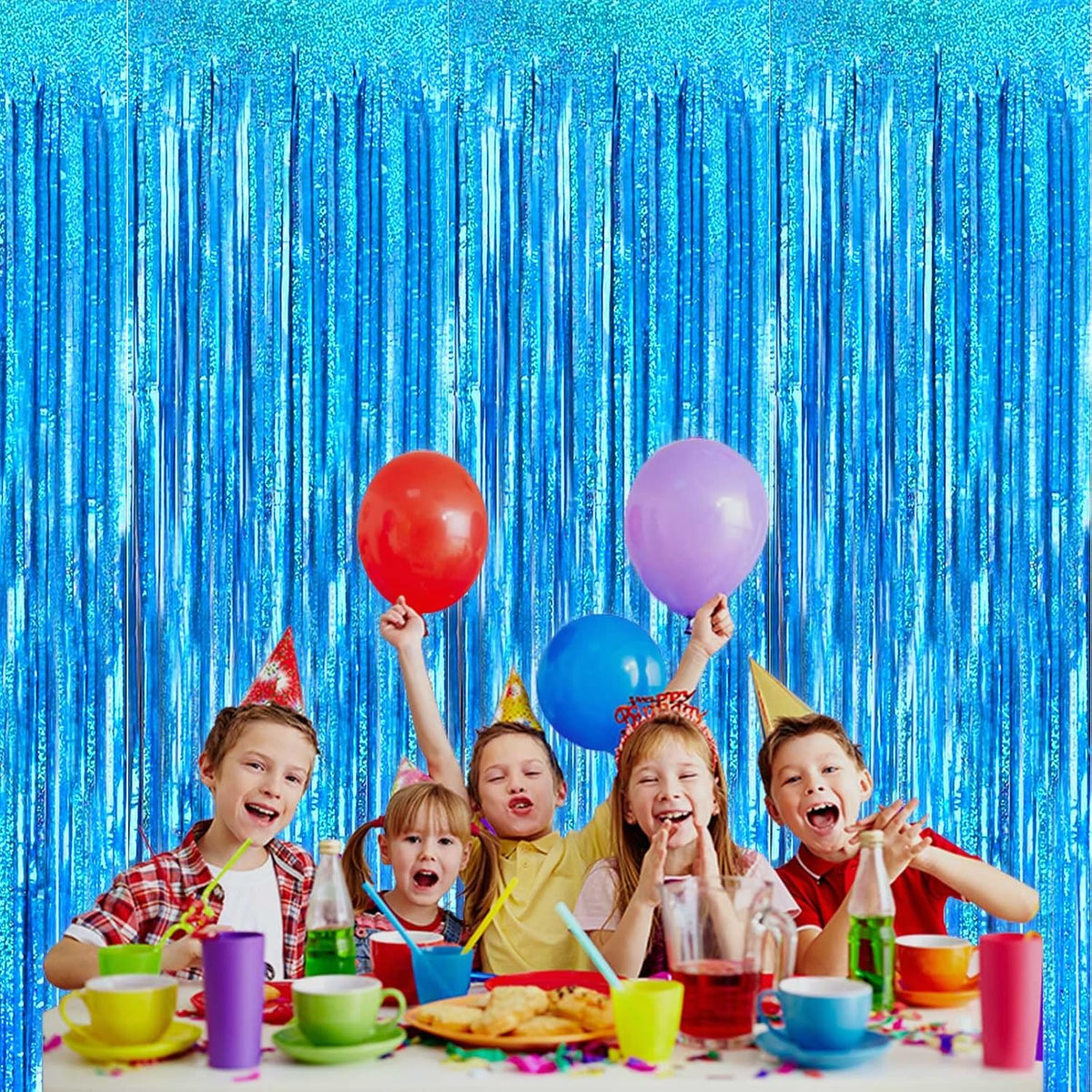 4 Pack Light Blue Tinsel Foil Fringe Curtain Backdrop, 3.28Ft x 8.2Ft Metallic Streamers for Photo
