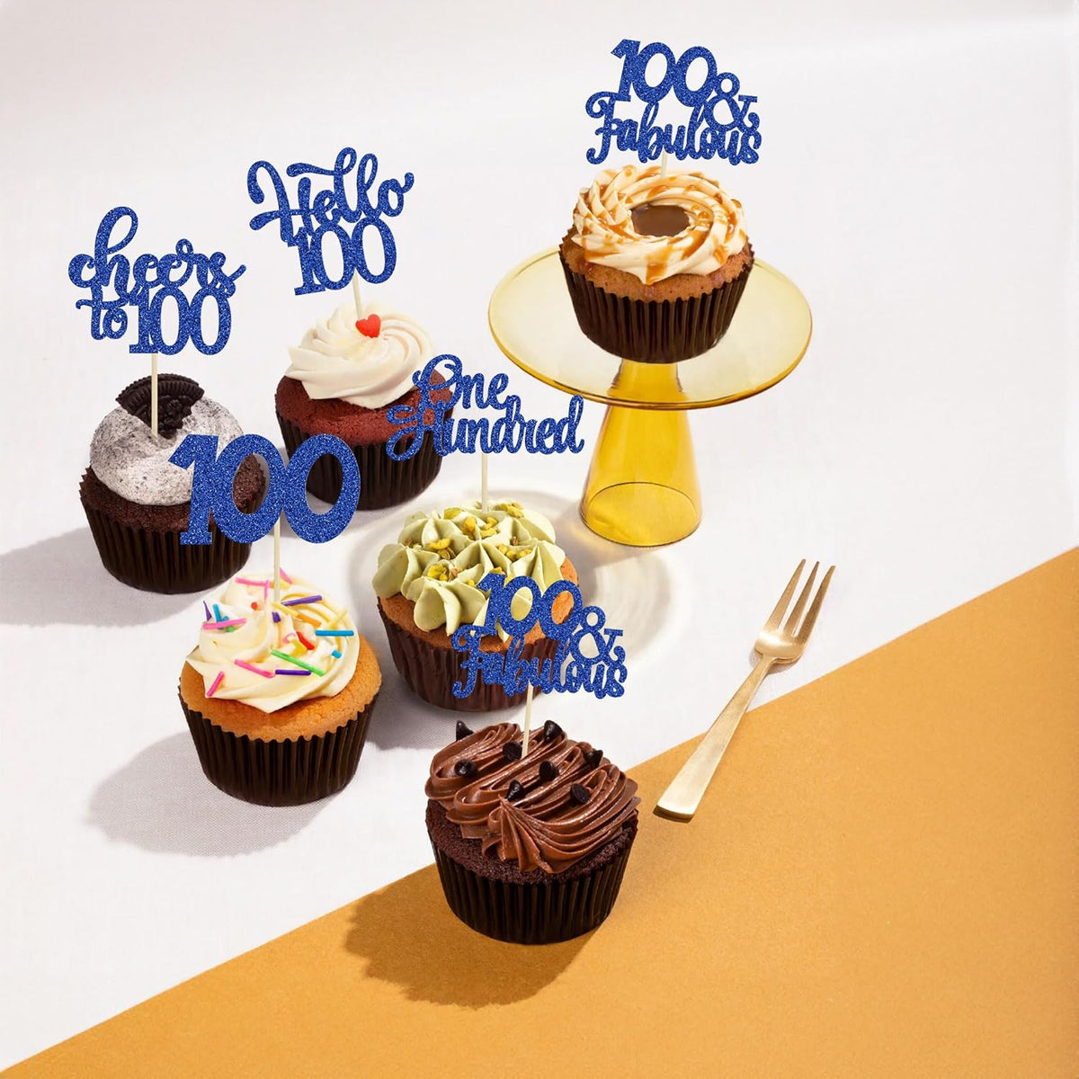 30pcs Happy 100th Birthday Cupcake Toppers - Deep Blue Glitter One Hundred Cheers to 100 Years Old