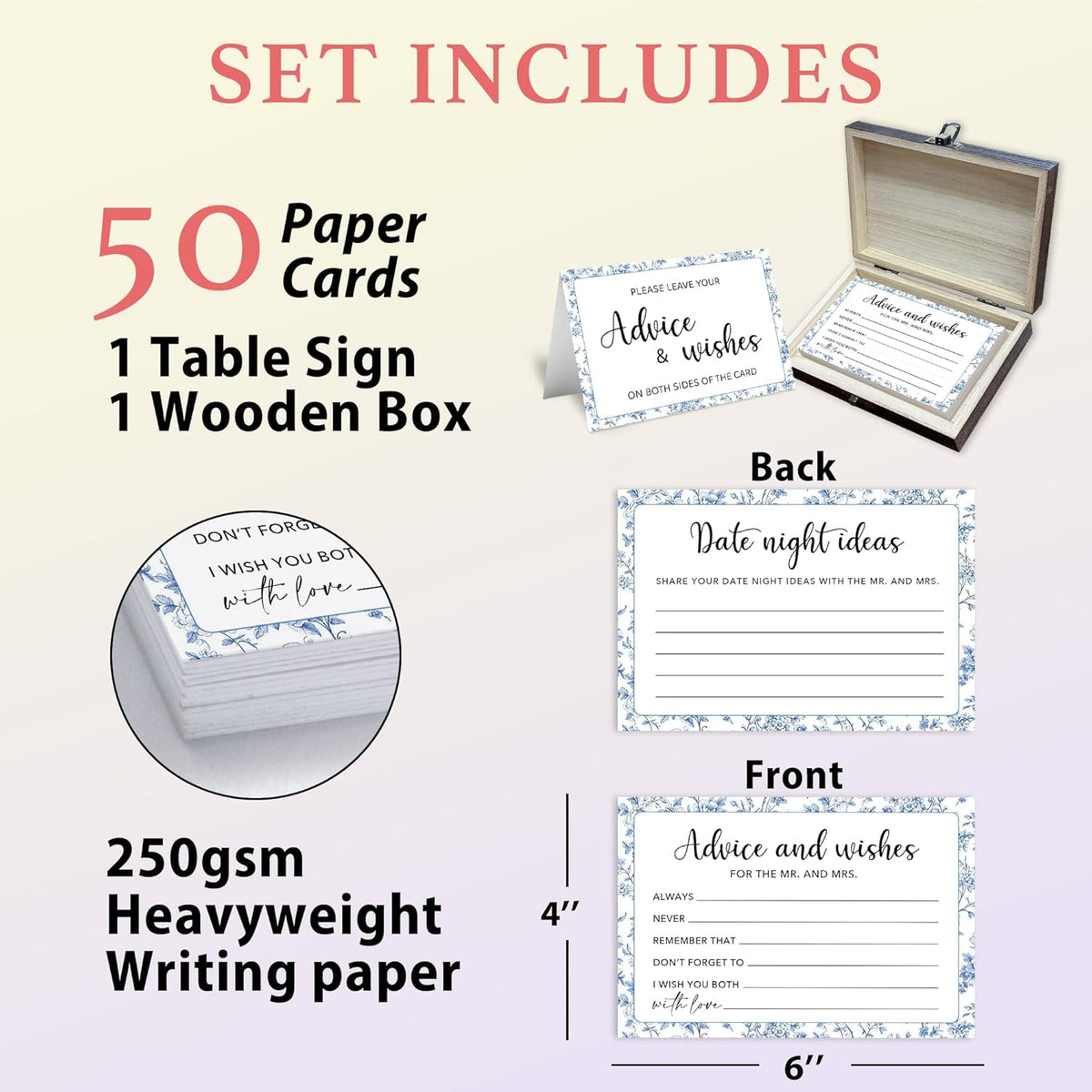 50 Pcs Advice and Wishes for the Mr and Mrs Cards in Box - Bridal Shower Guest Book - Perfect for