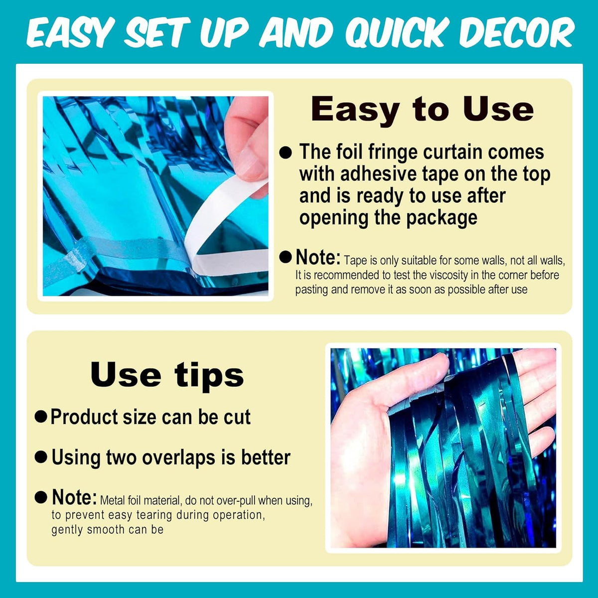 3 Pack Lake Blue Foil Fringe Curtains Backdrop, 3.28 x 9.8 Ft Metallic Streamers Tinsel Curtains