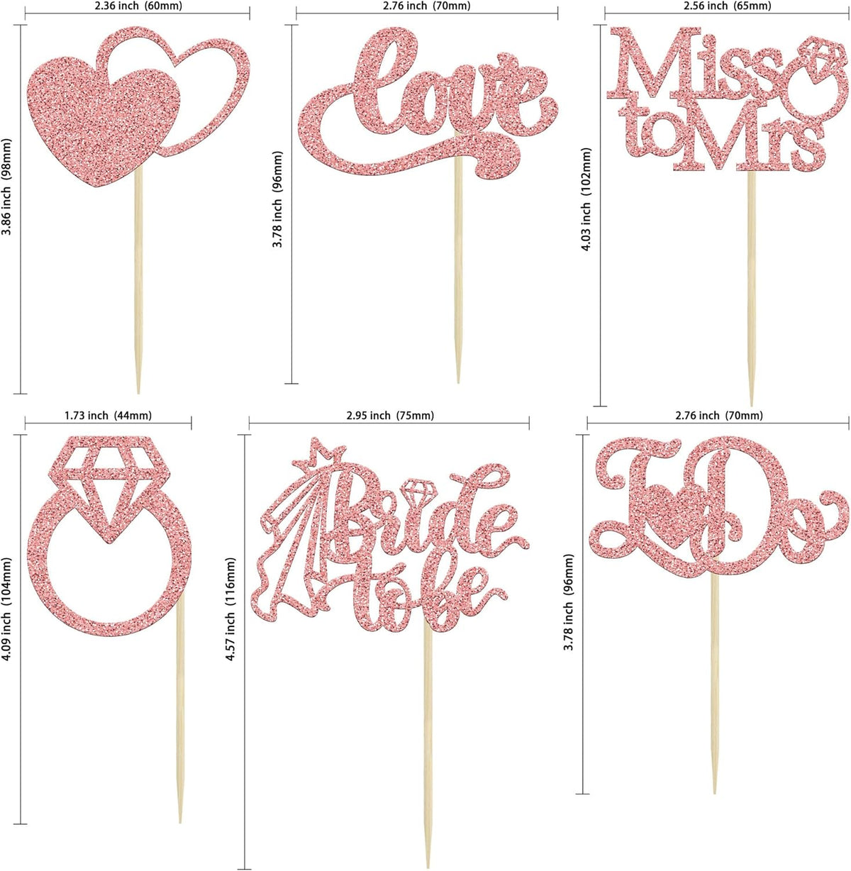 Gyufise 24Pcs Bride to Be Cupcake Toppers Rose Gold Glitter I Do Love Heart Ring Miss To Mrs