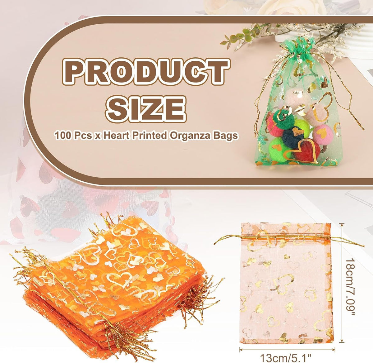 PATIKIL 100 Pcs 5x7 Inch Heart Printed Organza Bags, Orange Sheer Heart Organza Bags with