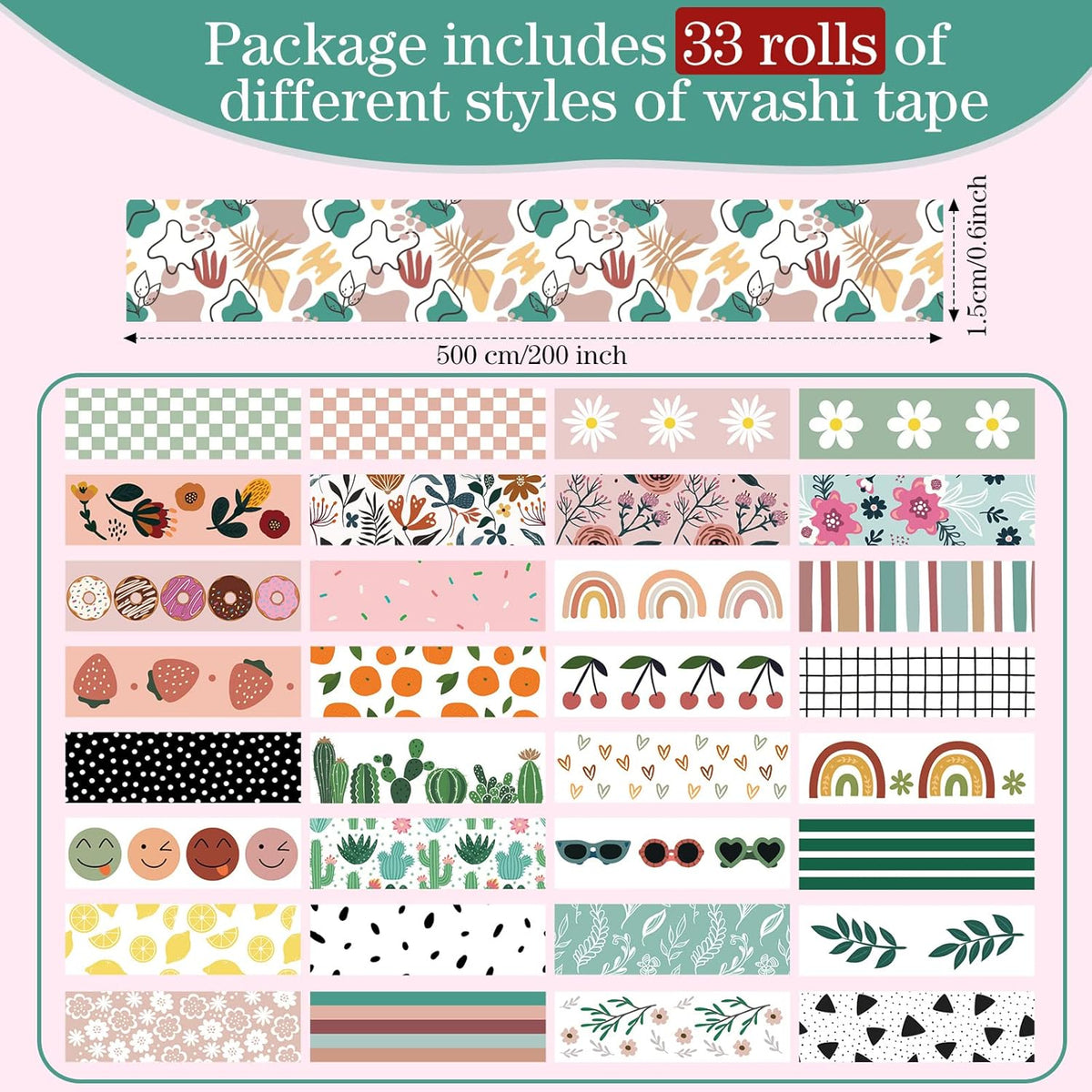 TaoBary 33 Rolls Holiday Plaid Washi Tape, 15 mm Seasonal Washi Tape Set Bohemian Colorful Vintage