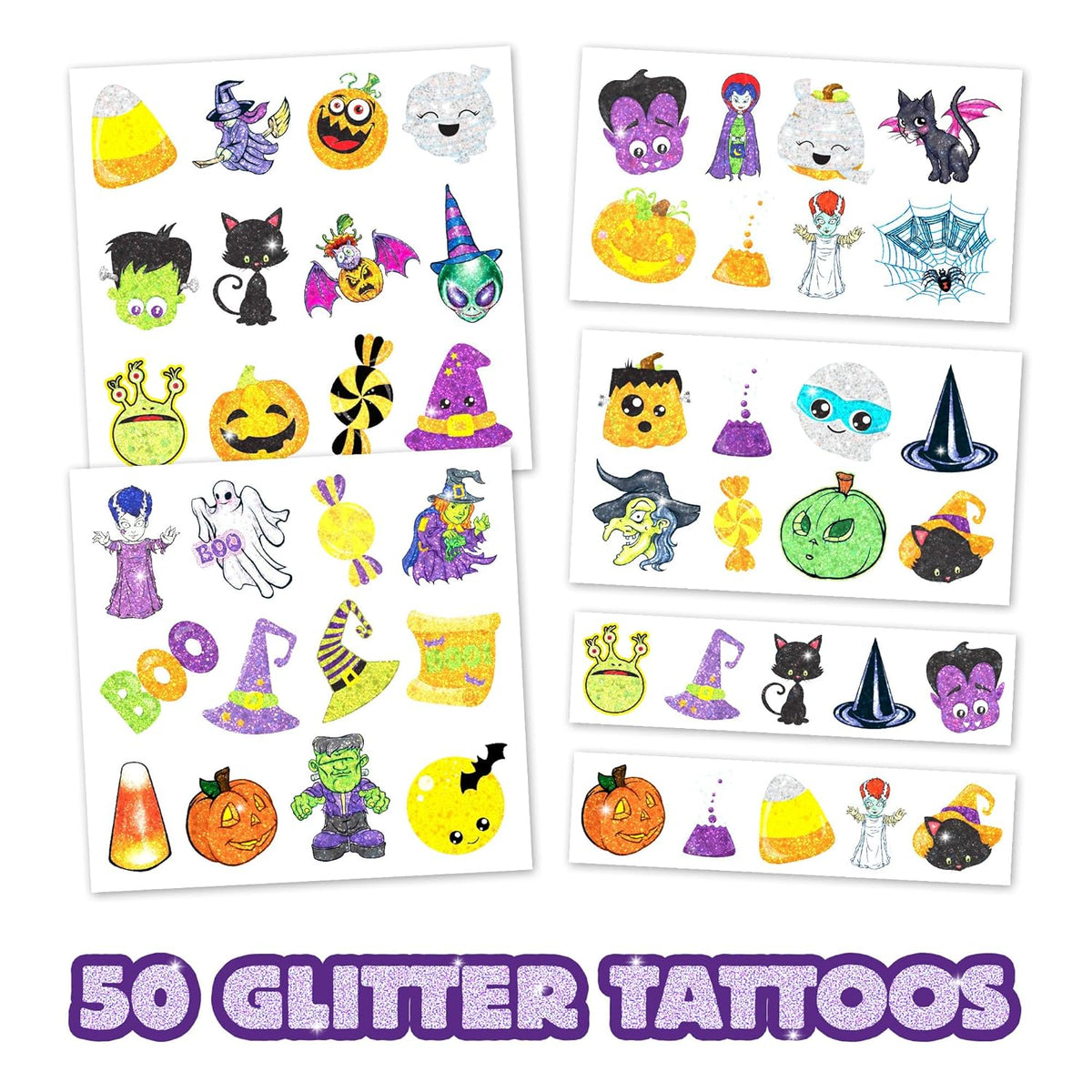 Assorted Glitter Halloween Tattoos – Sparkly Temporary Tattoos for Kids, Includes Pumpkins, Ghosts